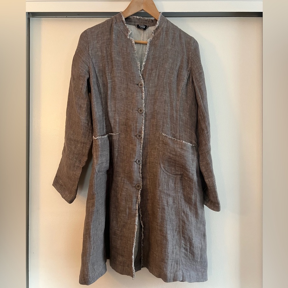 Eileen Fisher 100% Irish Linen Duster Topper Brown Tan Gray Lagenlook Med Petite